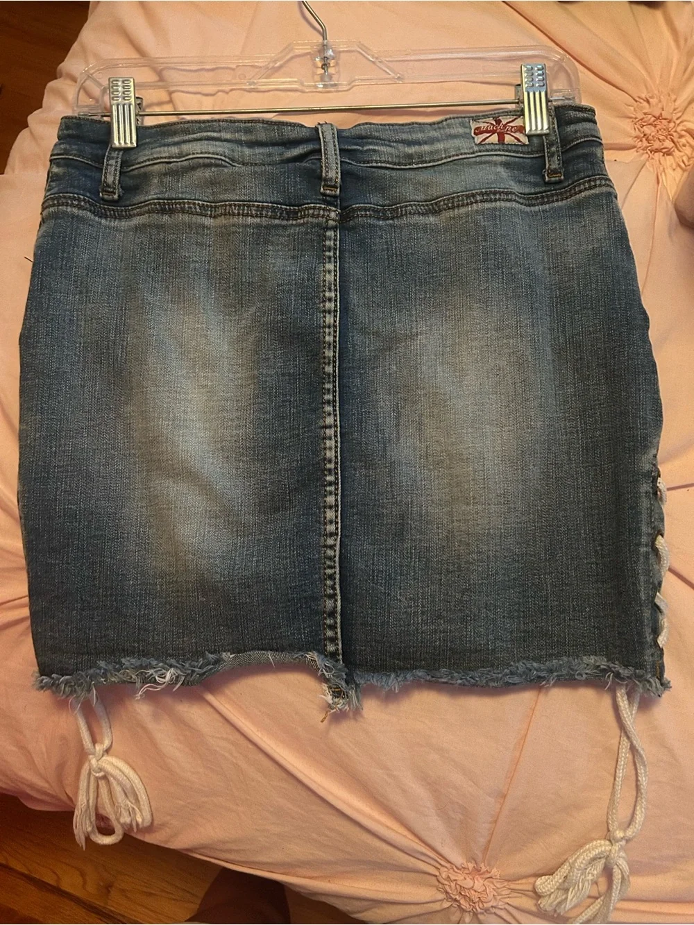 Machine Denim Skirt with White Label and Blue Wash